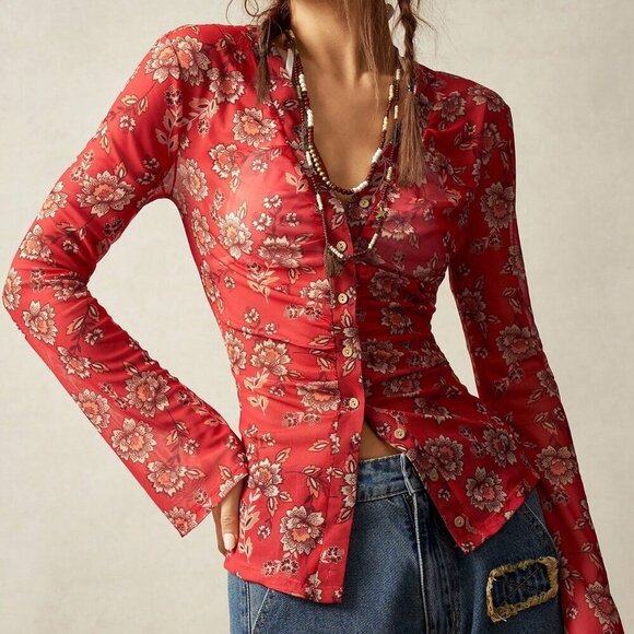 Red Casual Women's Boho Lace V-Neck Flared Sleeve Blouse - Picture 8 of 8